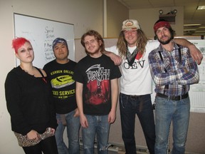 Dawn Redskye, left, Don Espiritu, Mike Ge, Jordan Patterson and Jordie Steinmann are Black N' Bluegrass. (photo by James Reaney / The London Free Press)