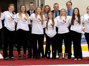 Members of the Team Canada U19 women's floorball squad were honoured between periods of the OHL game Wednesday night at Yardmen Arena. They'll compete at the world championships in May in Poland. (DON CARR for The Intelligencer)