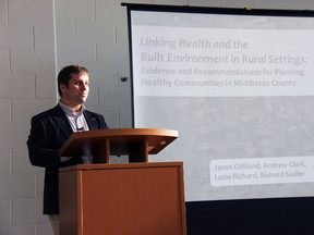Dr. Jason Gilliland, director of the Urban Development Program and associate professor of geography, health sciences and paediatrics at Western University addresses a group gathered for the Middlesex London Health Unit’s Creating Healthy Active Communities in Middlesex Forum held Jan. 23 at Komoka’s Community Wellness and Recreation Centre.
JACOB ROBINSON/AGE DISPATCH/QMI AGENCY