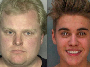 Rob Ford in his 1999 mugshot from Miami, and Justin Bieber in his from Jan. 23, 2014.