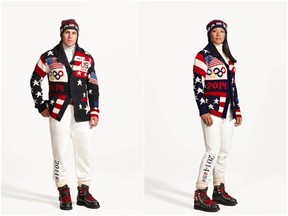 A combination photo shows Zach Parise (L) of the United States men's ice hockey team and Julie Chu, of the United States women's ice hockey team wearing the Official Opening Ceremony Parade Uniforms for the 2014 Winter Olympic Games in these photos released on January 23, 2014. (REUTERS/Ralph Lauren/Handout)