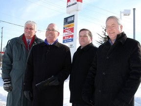 Ontario Conservative MPPs Toby Garrett, Steve Clark and Kingston and the Islands Conservative candidate Mark Bain with MPP Jim McDonell gather in Kingston to talk about the Liberal government's proposal to raise the gas tax on Thursday.  
IAN MACALPINE/KINGSTON WHIG-STANDARD/QMI AGENCY