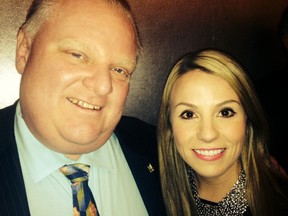Mayor Rob Ford and Rhiannon Traill, president of the Economic Club of Canada, inside the freight elevator at the Hilton while they were stuck Thursday, Jan. 23, 2014. (Supplied photo)