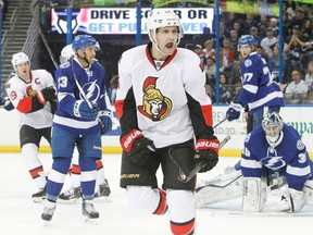 Ottawa Senators left wing Clarke MacArthur (16) celebrates after teammate Erik Karlsson (not pictured) scored a goal against the Tampa Bay Lightning during the first period at Tampa Bay Times Forum. Mandatory Credit: Kim Klement-USA TODAY Sports