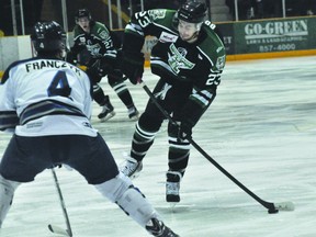 Jordyn Boyd of the Portage Terriers takes a shot during the Terriers' 3-1 win over Steinbach Jan. 23. (Kevin Hirschfield/THE GRAPHIC/QMI AGENCY)