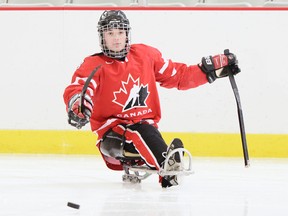 Forest's Tyler McGregor is headed to Sochi as a member of the Team Canada sledge hockey team for the 2014 Paralympics.The 19 year old overcame the diagnosis of spindle cell sarcoma and the amputation of his leg in 2010 to become a key part of the Canadian national team.  He is pictured above in Rockland, ON  on Feb 14 2013 in what was game one of a three game series against Team USA. (Matthew Murnaghan/Hockey Canada Images)