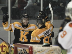 Kingston Frontenacs players Spencer Watson and Sam Bennett celebrate the first goal of the game against the Belleville Bulls during the OHL action at the Rogers K-Rock Centre on Sunday.  JULIA MCKAY/The Whig-Standard