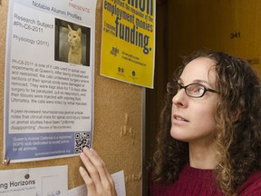 Zipporah Weisberg, strategic co-ordinator/outreach co-ordinator for the Queen's Animal Defence, looks at one of the posters from the group's recent on-campus campaign. Julia McKay The Whig-Standard