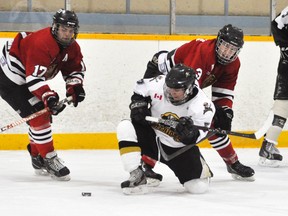 Scott Fries (17) and Ethan Adair of the Mitchell Hawks battle Nathan Woodard of the Mount Forest Patriots for a puck in the Hawks’ end during Western Jr. C hockey action in Mitchell last Sunday, Jan. 26. ANDY BADER/MITCHELL ADVOCATE