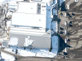 An aerial view of the Omniplex and MacKenzie Conference Centre shows the portion of the roof over Omni III that collapsed on Jan. 24. Portions of the facility reopened Monday morning while the curling rink lounge and MacKenzie Conference Centre remained closed.