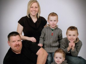 Melissa and Steve O'Halloran will be speaking, at a Heart and Stroke Foundation heart-healthy breakfast in Sarnia Friday, about their four-year-old son Carter's (centre) heart surgery to repair a three-centimetre hole just a few months after he was born. Also pictured are Rhys, 2, (bottom), and Brady, 6. (Submitted photo)
