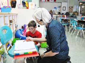 Grade 2 Pat Hardy Primary School teacher Mary Ellen Boyer gets a chance to interact with Brody Duncan during a Daily Five session.
Barry Kerton | Whitecourt Star