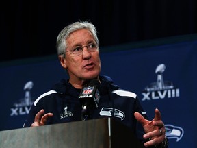 Seahawks head coach Pete Carroll speaks during a news conference at Newport in New Jersey, on Monday, Jan. 27, 2014. (Eduardo Munoz/Reuters)