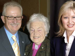 Former Liberal cabinet minister Steve Mahoney and Councillor Bonnie Crombie, right, might throw their names in the ring to replace retiring Mississauga Mayor Hazel McCallion, centre. (Toronto Sun files)