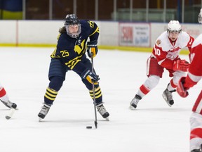 NAIT Ooks defenceman Sam Waterfield’s control of the puck in this weekend victory over the SAIT Trojans is typical of NAIT’s performance in their last four games – all shutouts. The Ooks lead in goals scored and prevented, providing rapt attention to forwards and goaltenders, but coach Serge Lajoie insists that the team’s defensive play has been the biggest key. (Supplied)