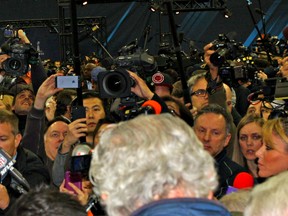 Broncos quarterback Peyton Manning holds court during Media Day at the Prudential Center in Newark, N.J. (John Kryk/QMI Agency)