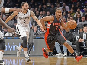 Raptors’ Kyle Lowry (pictured) and Patrick Patterson were instrumental in the final seconds of Toronto’s win Monday in Brooklyn.