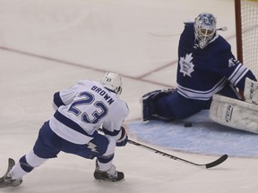 Martin St. Louis of the Tampa Bay Lightning is thwarted by Maple Leafs goaltender Jonathan Bernier on Tuesday night in Toronto. (JACK BOLAND/TORONTO SUN)
