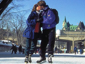 Skaters share a kiss on the Rideau Canal Skateway during Winterlude in Ottawa where Sheraton and Westin hotels have Valentine’s packages. (Handout)