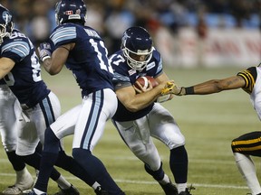 Zach Collaros runs the ball for a TD during last season's Eastern Conference final against Hamilton. Collaros, who is supposedly somewhat coveted by the Bombers, was released by the Argos on Wednesday. (Michael Peake/Toronto Sun file photo)
