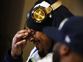 Seattle Seahawks running back Marshawn Lynch speaks to the media in Jersey City, N.J., Jan. 29, 2014. (JEFF ZELEVANSKY/Getty Images/AFP)