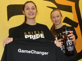 Sudbury Star/Cambrian College High School GameChanger winners Karli Marcotte (left) and Karly Hellstrom show off the new GameChanger gear. The only way to get GameChanger gear is to be named a GameChanger, so send in nominations today.