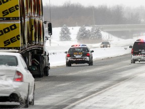 Belleville Police remind motorists to slow down during wintry weather. “Allow more room between yourself and the car ahead of you,” stated police. - FILE/JEROME LESSARD/THE INTELLIGENCER/QMI AGENCY