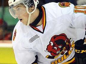 Belleville Bulls centre Jake Marchment scored twice, including the game-winner, in a 7-2 romp over the Sting at Sarnia Thursday night. (AARON BELL/OHL Images)