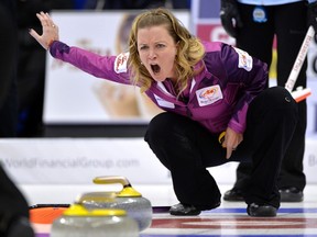 Skip Chelsea Carey yells instructions to her sweepers during the Roar of the Rings last month. Carey is Manitoba's skip at the Scotties in Montreal, which kicks off on Saturday. (REUTERS/Fred Greenslade)