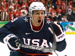 Zach Parise of the U.S. celebrates after scoring a goal against Canada at the Vancouver Olympics in this file photo from February 28, 2010. (REUTERS/Scott Audette/Files)