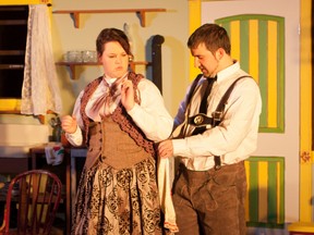 Kelti Roy, left, plays Gertrude Deuter and Ben Hudson plays Theo Maske in the King's Town Players production of The Underpants, which is being staged at the Kingston Yacht Club. (Supplied photo)