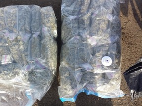 This is what 21.5 pounds of marijuana looks like — likely not easy to hide in a vehicle. RCMP took this from two B.C. travellers earlier this month. - Photo Supplied