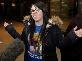 Katerina Masson speaks to the media outside the Edmonton Law Courts on Friday. (David Bloom/Edmonton Sun)