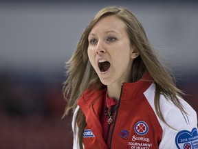 Team Canada skip Rachel Homan yells instructions during Day 2 action at the Scotties Tournament of Hearts women's curling championship in Montreal on Sunday, Feb. 2, 2014. (Joel Lemay/QMI Agency)