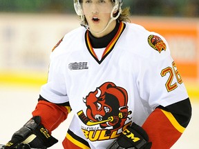 Rookie Jake Bricknell scored his first career OHL goal for the Belleville Bulls Saturday in a 4-3 loss at Plymouth. (AARON BELL/OHL Images)
