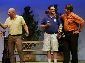 School friends, from left, David W. Sandor, Jason Leighfield, John Allen and Dave Deelen pair up for a round of golf during dress rehearsal for Norm Foster’s The Foursome Sunday afternoon at the Otter Valley Playhouse. The production opens Thursday at 8 p.m., kicking off a Thursday through Saturday evening/Sunday 2 p.m. matinee run for the ensuing two weeks (February 6th through 9th and 13th through 16th). Tickets are $17 for adults, $15 for seniors and students and available either through the Otter Valley Playhouse box office (519-688-3026) or Tillsonburg’s Station Arts Centre (519-842-6151).