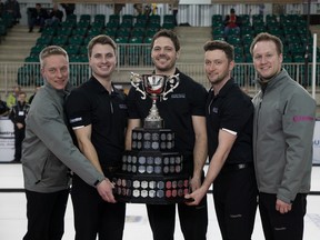 From left to right, Greg Balsdon, Mark Bice, Jamie Farnell, Tyler Morgan, and Steve Bice celebrate after winning the Ontario Tankard.  Courtesy Robert Wilson, OCA.