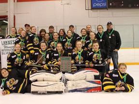 The Sarnia Jr. Lady Sting Peewee A team captured their third straight Silver Stick title this weekend. Pictured are: goaltenders Michaela Simpson (left), and Emma Gorski. Second Row (from left):  Ainsley Jackson (Assistant Captain), Allison Barnes (Assistant Captain), Kathleen Kerwin (Assistant Captain), Payton Fleming, and Angie Aliperti. Third Row (from left):  Madison Winegard-Milne (Captain), Aubrey Cole (Assistant Captain), Abbie Williams, Amy Mullin, Erin Murray, Hannah Thompson, Alexandra Rizkallah, Emma L’Heureux, and Brooke Boelens. Fourth Row:  Karen L’Heureux (Trainer), Matt Kerwin (Assistant Coach), Tracy Simpson (Manager), Lee Cole (Assistant Coach), Karen Murray (Trainer), Brad Jackson (Head Coach), Mike Simpson (Assistant Coach), Emily Williams (Assistant Coach), and Mike Thompson (Assistant Coach) Absent were:  Olivia Bressette, and Kate Germain (Assistant Coach). (Submitted photo)