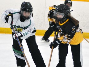 Savanah Cook (right) of the Mitchell U14A ringette team. ANDY BADER/MITCHELL ADVOCATE FILE