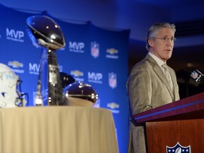 Seattle Seahawks coach Pete Carroll addresses the media during the winning team's press conference the day after Super Bowl XLVIII Monday at the Sheraton New York Times Square. (Joe Camporeale/USA TODAY Sports)