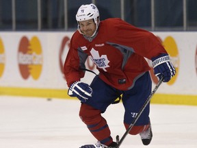 Leaf David Clarkson working hard during practice at the Mastercard Centre in Toronto on Monday, February 3, 2014. (Craig Robertson/Toronto Sun)