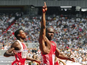 Canada’s Ben Johnson crosses the finish line to win the Olympic 100-metre final in a world record 9.79 seconds on Sept. 4, 1988, at Seoul Olympic Stadium. Carl Lewis from the United States took second place. Johnson would test positive for steroids shortly after the race.