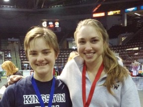 Kingston Collegiate's Genevieve L'Abbe, left, and Hannah Vissers finished second and first, respectively, in the junior A under-18 girls lightweight event at the Canadian indoor rowing championships in Mississauga on the weekend. (Supplied photo)