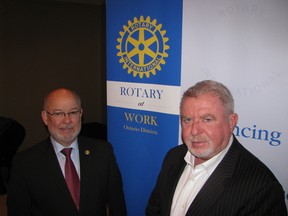 Joe Dale (left) and Mark Wafer are part of Rotary at Work, an organization that works in conjunction with Community Living to find employment for people with intellectual and physical disabilities. They spoke to crowd of business and community leaders in Chatham on Tuesday morning.