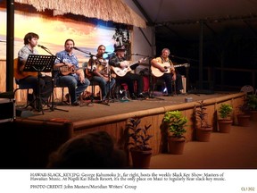 George Kahumoku Jr., far right, hosts the weekly Slack Key Show: Masters of Hawaiian Music. At Napili Kai Beach Resort, it’s the only place on Maui to regularly hear slack-key music. JOHN MASTERS/MERIDIAN WRITERS' GROUP
