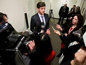 Edmonton mayor Don Iveson speaks to the media after addressing the Standing Committee on Alberta's Economic Future about a high speed rail link between Edmonton and Calgary at the Legislature Annex on Tuesday. (CODIE MCLACHLAN/EDMONTON SUN)