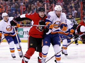 Thomas Vanek (right) rejected a contract extension with the Islanders and will likely be traded before the March 5 deadline. (Errol McGihon/QMI Agency/Files)