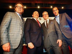 (L-R) Robert Depatie, President and CEO of Quebecor, Gary Bettman, commissioner of the National Hockey League, Keith  Pelley, President of Rogers Media and Pierre Dion, President and CEO of TVA group on February 4, 2014. (Dave Abel/Toronto Sun/QMI Agency)