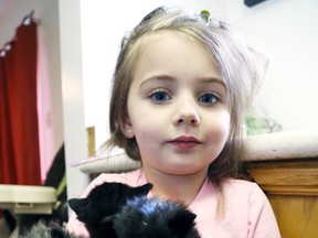 Gino Donato/The Sudbury Star
Four-year-old Miley Gagne holds four kittens that her mother is fostering. The kittens were found abandoned near a dumpster over the weekend.