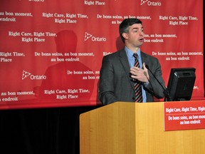 Glen Kearns, London Health Sciences Centre’s integrated vice president, diagnostic services and chief information officer, speaks at a news conference at University Hospital in London, Ont. Feb. 4, 2014. Kearns was part of an announcement about technology that’s allowing emergency room patients at risk of a stroke to virtually consult neurologists across the province.  CHRIS MONTANINI\LONDONER\QMI AGENCY